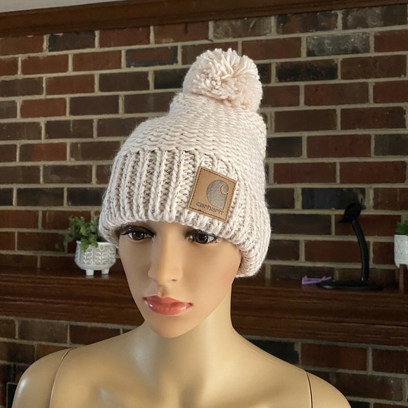 Carhartt Rib Knit Sherpa Lined  Pom Pom Beanie Hat Pink Salt One Size New - Picture 3 of 16